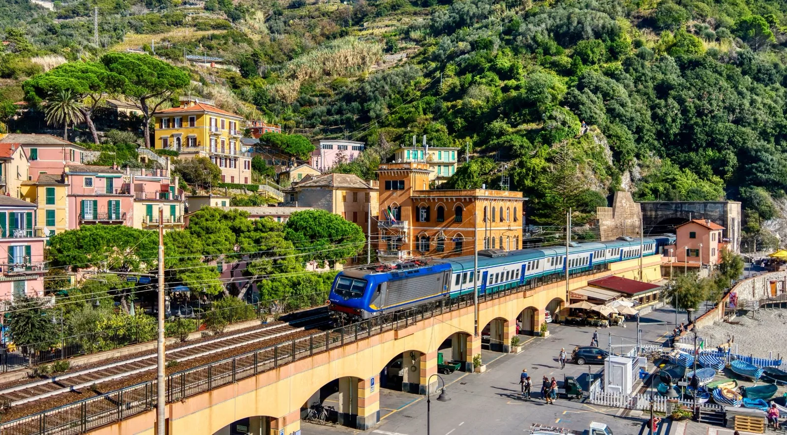 Cinque Terre regional train arriving at Monterosso — Florence to Cinque Terre by train