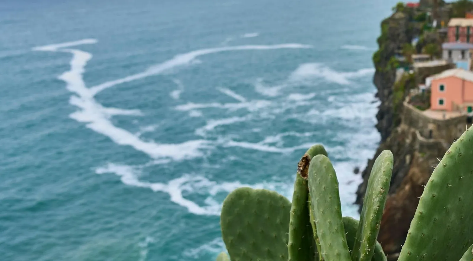 Corniglia — pastel houses perched on a green clifftop headland high above the Ligurian Sea, with terraced agave in the foreground