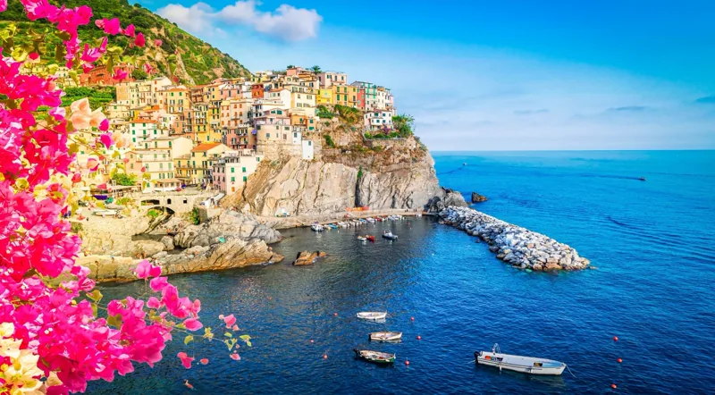 Manarola with bougainvillea — Cinque Terre with optional street food tour